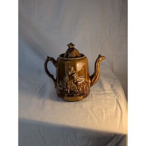 Vintage Brown Drip Glaze Teapot w/ Infuser Insert Relief Scene Japan Style Crack